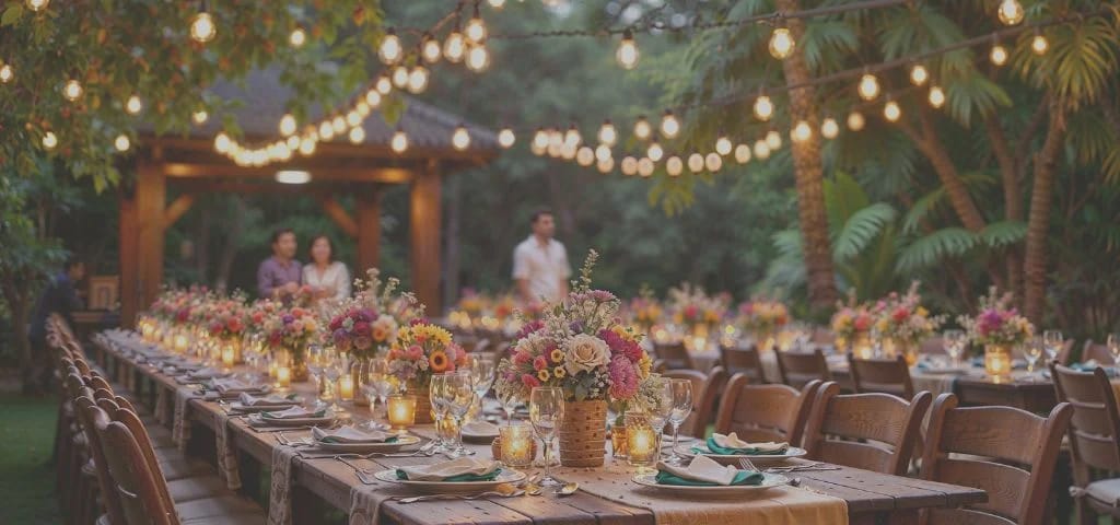 Outdoor garden dinner party with floral centrepieces and string lights