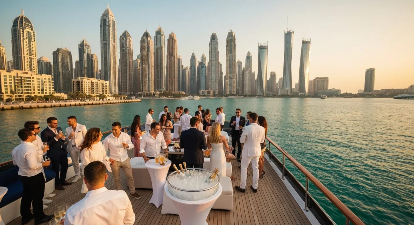 Luxury yacht party with guests overlooking the Dubai Marina skyline