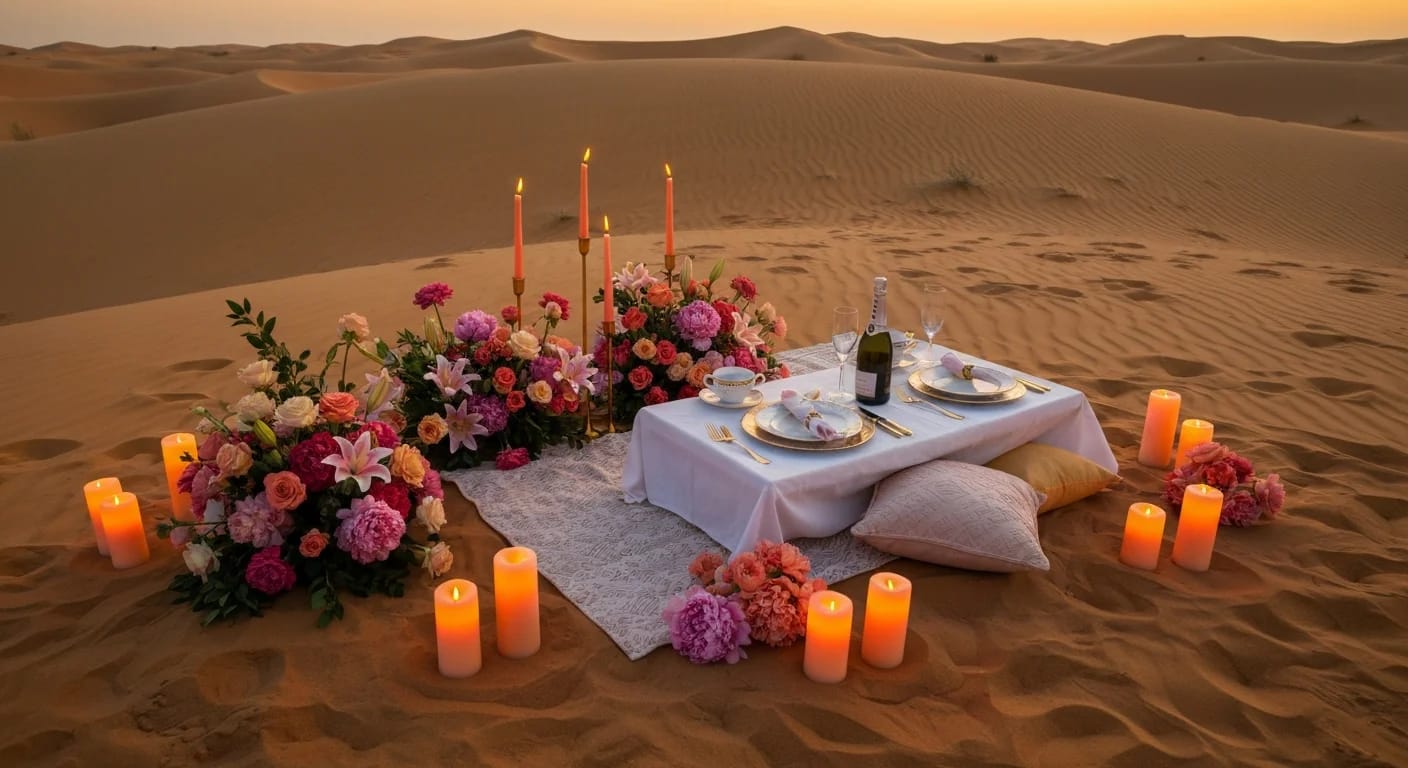 Romantic desert dinner setup with candles and flowers at sunset