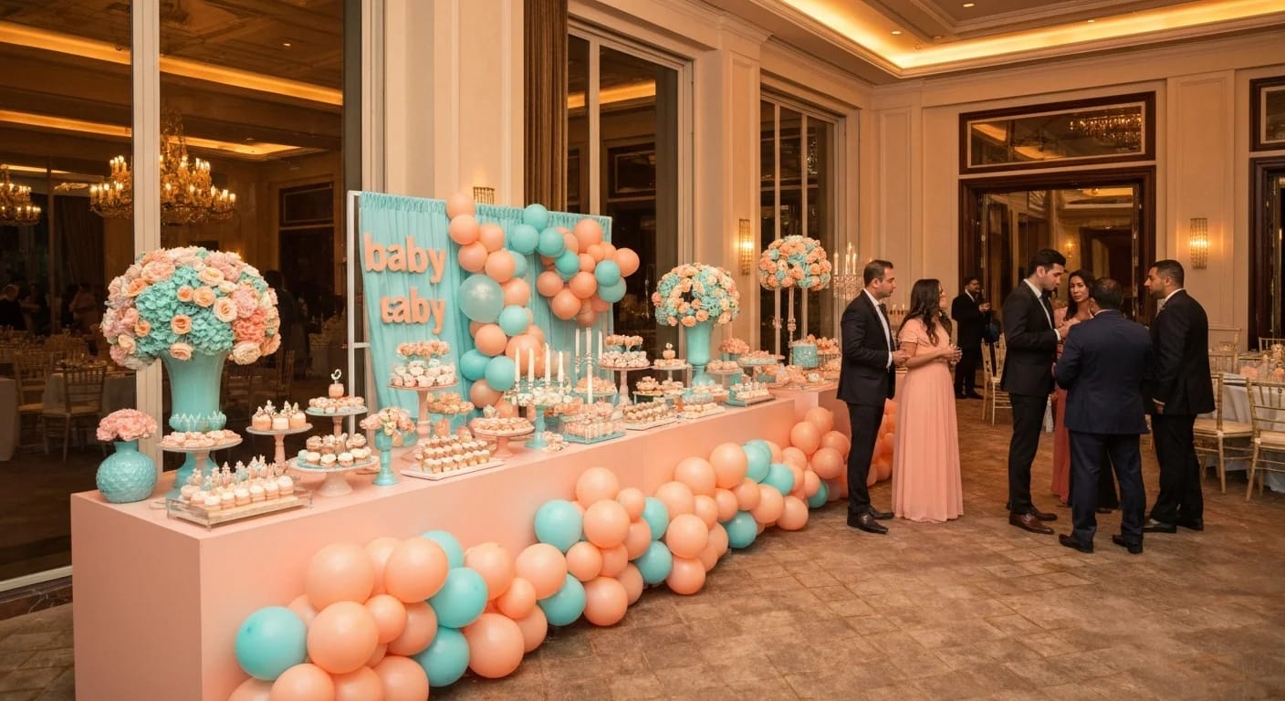 Baby shower dessert table with balloon decorations at a luxury venue